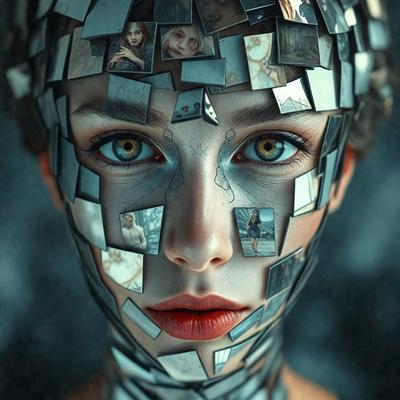The primary subject of the image is a woman with a unique and artistic appearance. She has a headpiece made of various photographs, creating a visually striking and creative look. The setting is a dark room, which adds to the dramatic and mysterious atmosphere of the scene. The visual style is a combination of digital art and photography, as the photographs are arranged to form a cohesive and intriguing design. The colors and mood of the image are predominantly dark and moody, with the